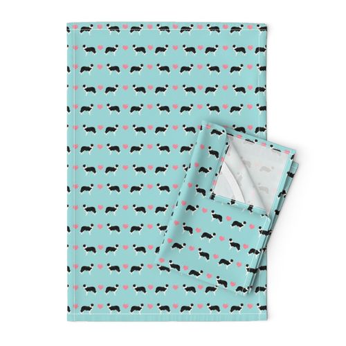 blue tint border collie love hearts cute dog fabric 