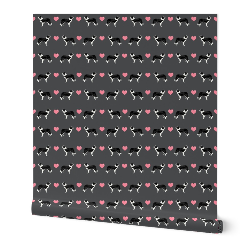 shadow grey border collie love hearts cute dog fabric 