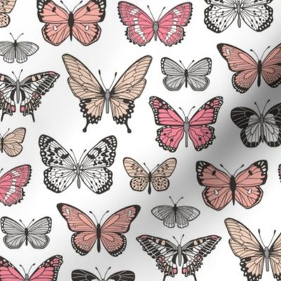 Butterflies Butterfly Nature Fabric Black & White  Peach Pink on White