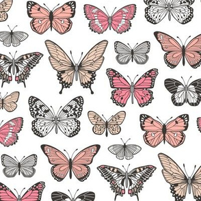 Butterflies Butterfly Nature Fabric Black & White  Peach Pink on White