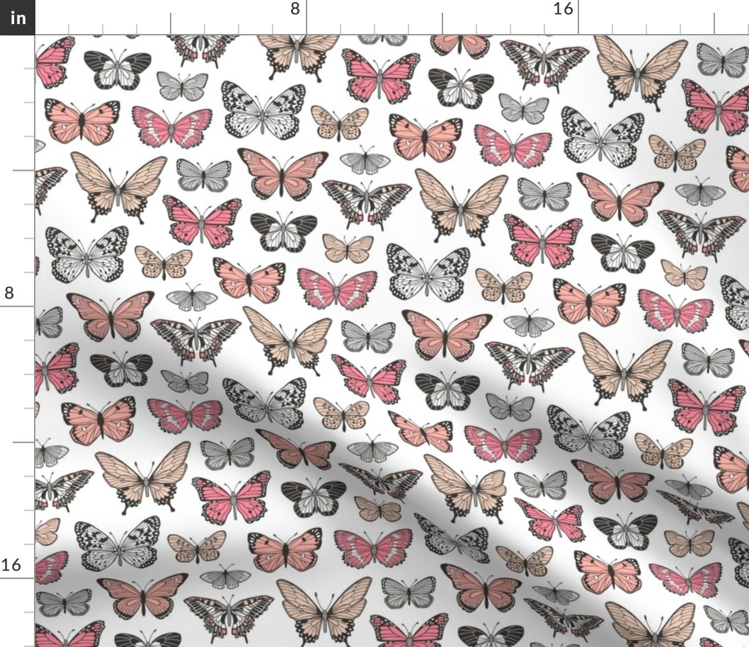 Butterflies Butterfly Nature Fabric Black & White  Peach Pink on White