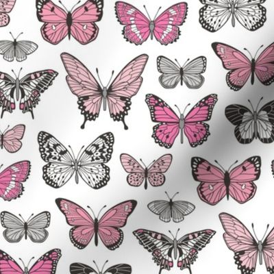 Butterflies Butterfly Nature Fabric Black & White Pink