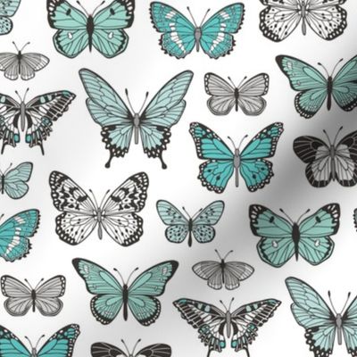 Butterflies Butterfly Nature Fabric Black & White Blue Mint