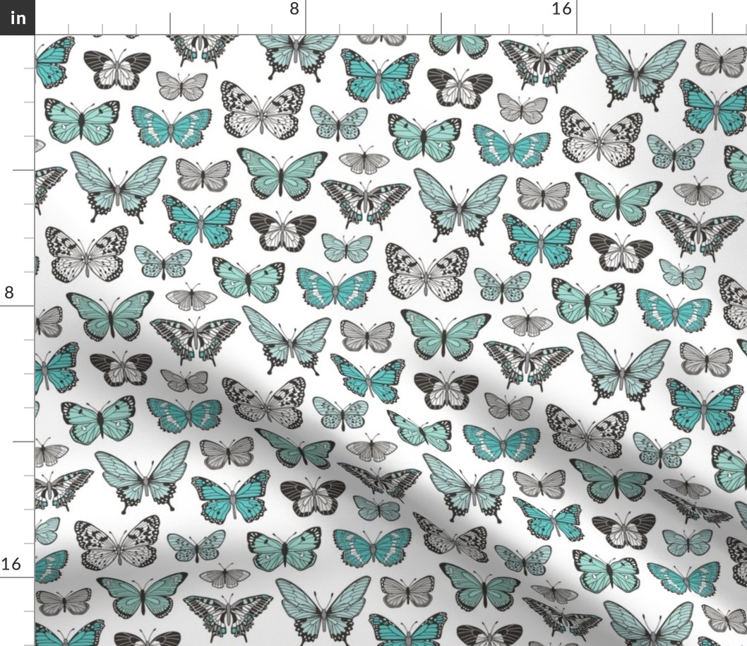 Butterflies Butterfly Nature Fabric Black & White Blue Mint