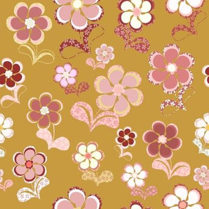 Sixties Flowers on a mustard background