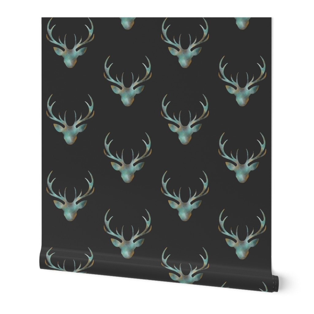 Painted Deer Head- mint gold and grey on charcoal