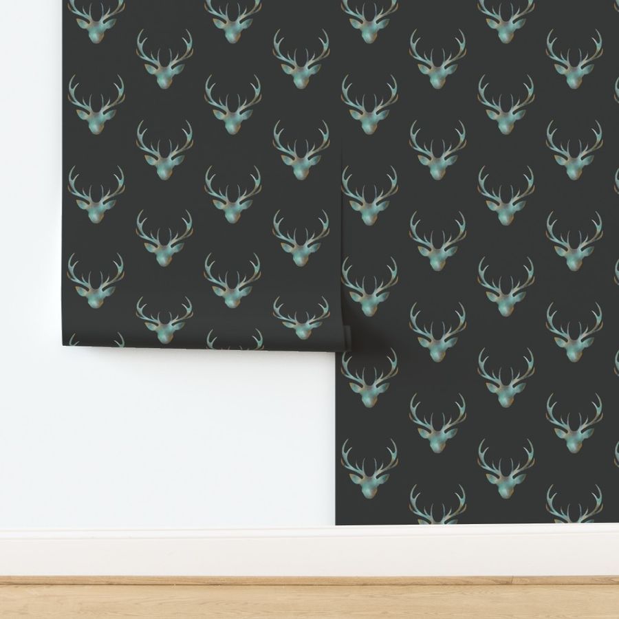 Painted Deer Head- mint gold and grey on charcoal