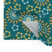 Sunny yellow and blue blooms on teal for a cheerful, retro-inspired look.