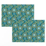 Sunny yellow and blue blooms on teal for a cheerful, retro-inspired look.