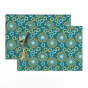 Sunny yellow and blue blooms on teal for a cheerful, retro-inspired look.