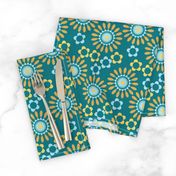 Sunny yellow and blue blooms on teal for a cheerful, retro-inspired look.