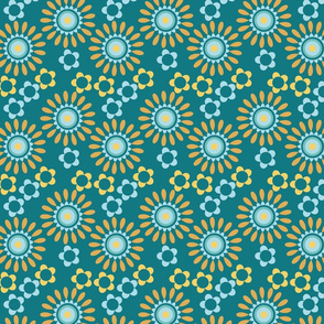 Sunny yellow and blue blooms on teal for a cheerful, retro-inspired look.