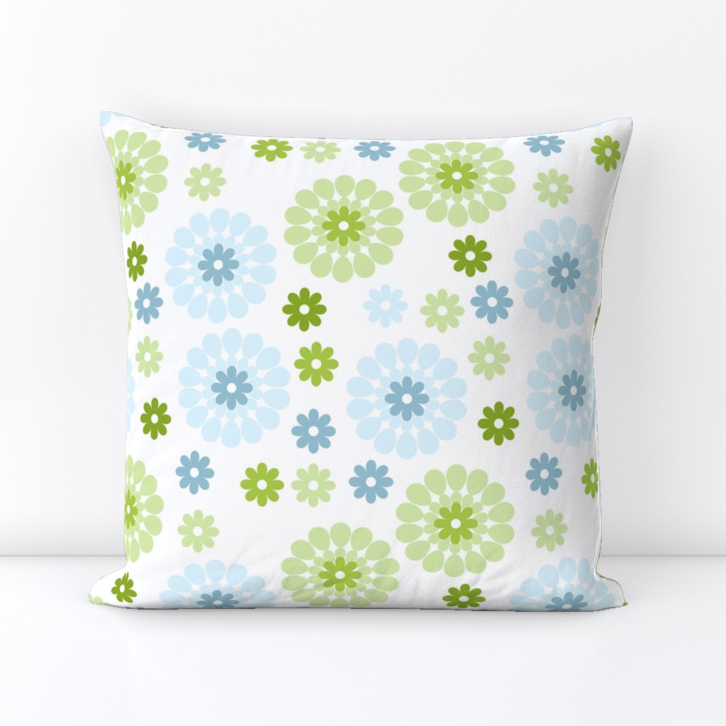 Pastel floral pattern with tranquil blues and greens, reminiscent of a spring meadow.