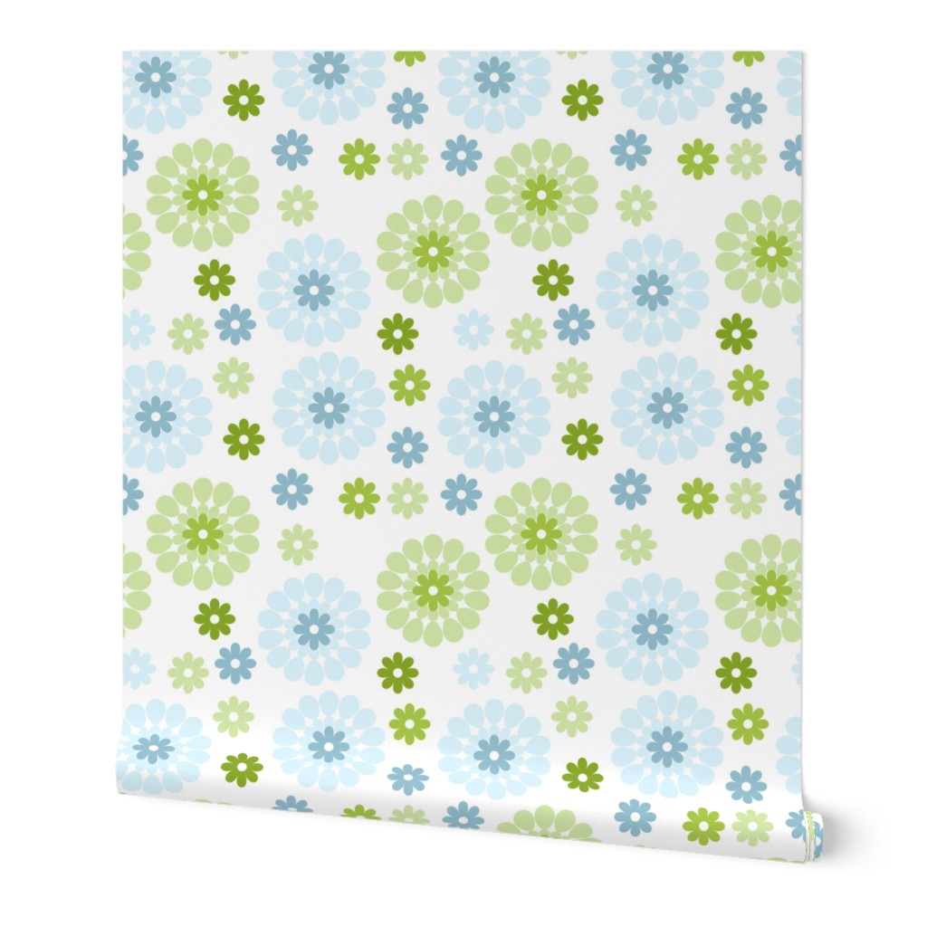 Pastel floral pattern with tranquil blues and greens, reminiscent of a spring meadow.