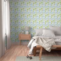 Pastel floral pattern with tranquil blues and greens, reminiscent of a spring meadow.