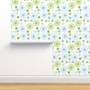 Pastel floral pattern with tranquil blues and greens, reminiscent of a spring meadow.