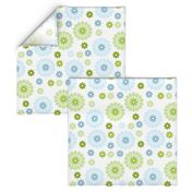 Pastel floral pattern with tranquil blues and greens, reminiscent of a spring meadow.