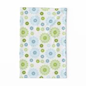 Pastel floral pattern with tranquil blues and greens, reminiscent of a spring meadow.