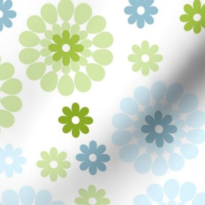 Pastel floral pattern with tranquil blues and greens, reminiscent of a spring meadow.