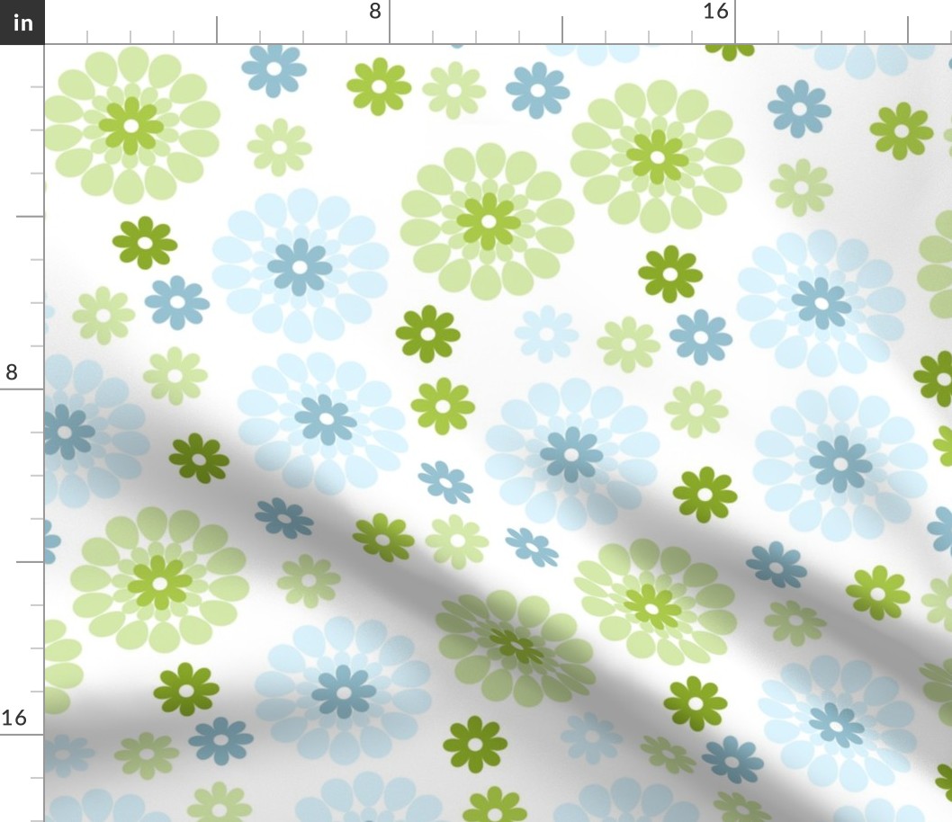 Pastel floral pattern with tranquil blues and greens, reminiscent of a spring meadow.