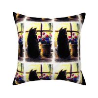 black cats window sills flowers abstract pots plants floral silhouette outlines