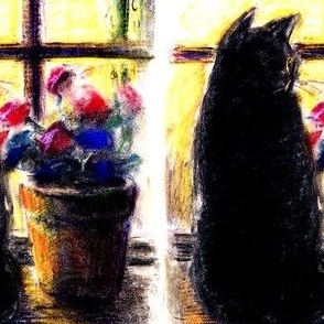 black cats window sills flowers abstract pots plants floral silhouette outlines