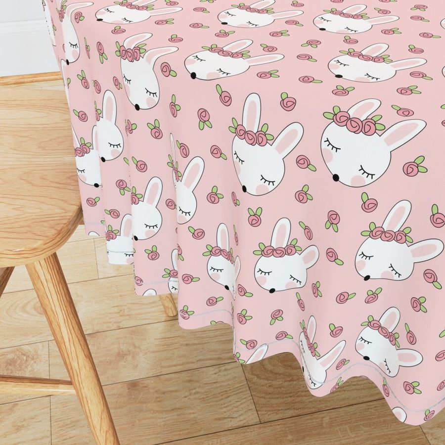 sleeping bunnies-with-pink-rosebuds on pink