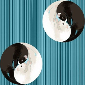 Polka Dot Yin Yang Ferrets on Blue Wood