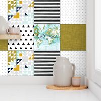 6 loveys: aqua hello world, black triangles, mustard linen, aqua kaleidoscope, black gouache stripe, black x