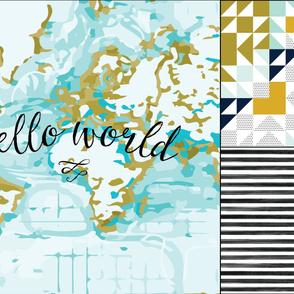 1 blanket + 2 loveys: Aqua Hello World, Aqua Kaleidoscope, Black Gouache Stripe