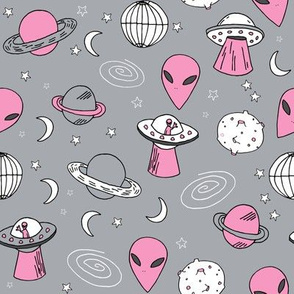 ufos // pink and grey ufo alien spaceship planets fabric cute alien design 90s 80s fabric aliens