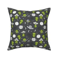ufos // charcoal and green ufo fabric alien space design andrea lauren fabric aliens fabric ufos outer space