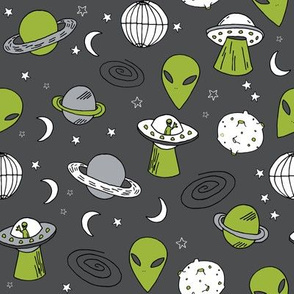 ufos // charcoal and green ufo fabric alien space design andrea lauren fabric aliens fabric ufos outer space