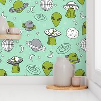 ufos // mint and green alien design fabric 90s throwback fabric cute aliens retro spaceships planets fabric andrea lauren outer space fabric