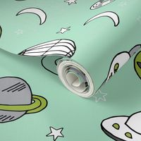 ufos // mint and green alien design fabric 90s throwback fabric cute aliens retro spaceships planets fabric andrea lauren outer space fabric