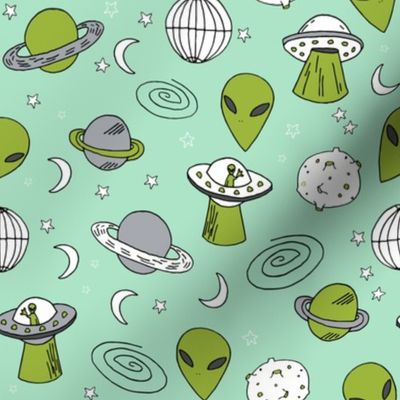 ufos // mint and green alien design fabric 90s throwback fabric cute aliens retro spaceships planets fabric andrea lauren outer space fabric