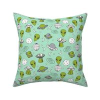ufos // mint and green alien design fabric 90s throwback fabric cute aliens retro spaceships planets fabric andrea lauren outer space fabric
