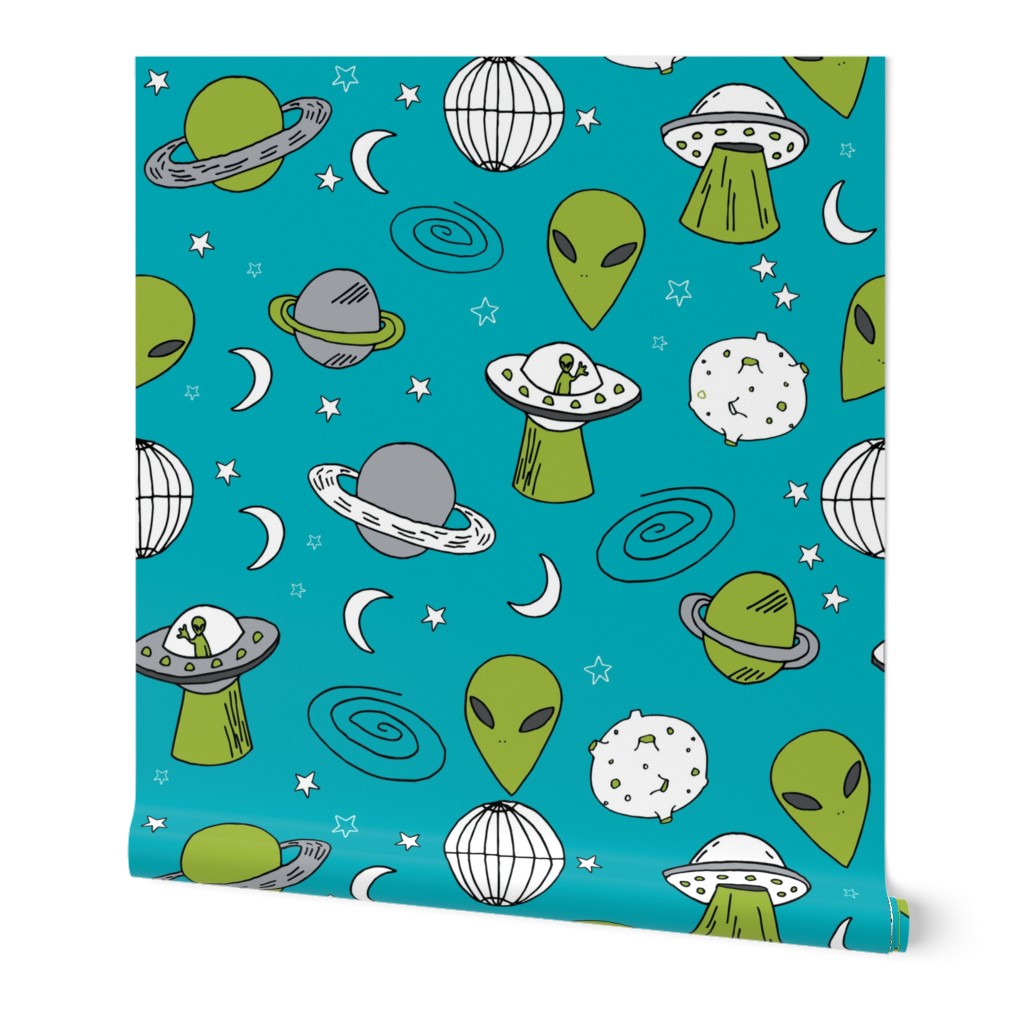 ufos // turquoise alien fabric aliens and spaceships fabric planets design 90s fabric andrea lauren fabric