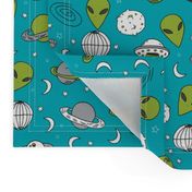 ufos // turquoise alien fabric aliens and spaceships fabric planets design 90s fabric andrea lauren fabric