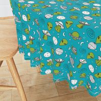 ufos // turquoise alien fabric aliens and spaceships fabric planets design 90s fabric andrea lauren fabric