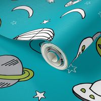 ufos // turquoise alien fabric aliens and spaceships fabric planets design 90s fabric andrea lauren fabric