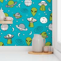 ufos // turquoise alien fabric aliens and spaceships fabric planets design 90s fabric andrea lauren fabric