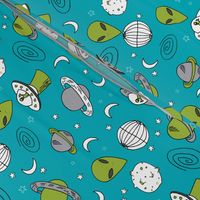 ufos // turquoise alien fabric aliens and spaceships fabric planets design 90s fabric andrea lauren fabric