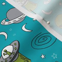 ufos // turquoise alien fabric aliens and spaceships fabric planets design 90s fabric andrea lauren fabric