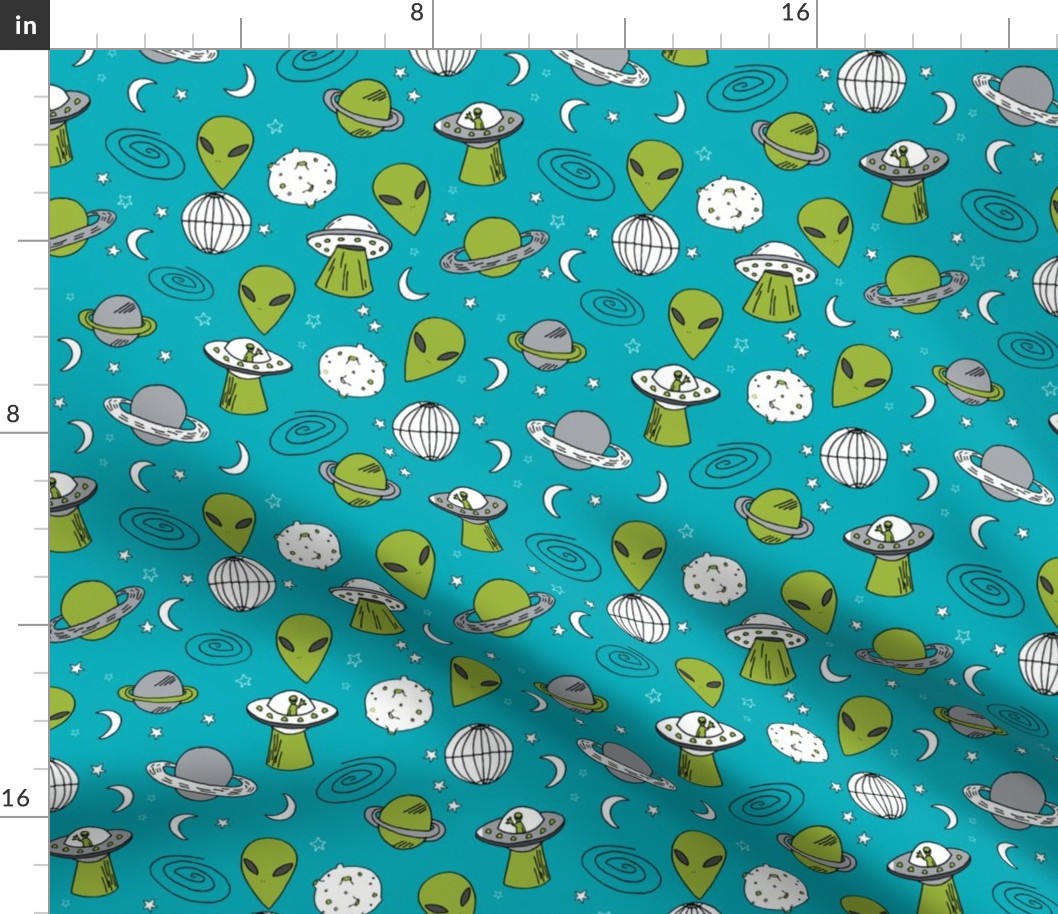 ufos // turquoise alien fabric aliens and spaceships fabric planets design 90s fabric andrea lauren fabric