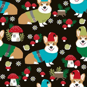 corgi gnomes - large size - cute woodland gnome mushrooms fabric