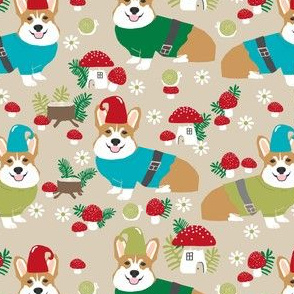 corgi gnomes khaki - cute woodland gnome mushrooms fabric