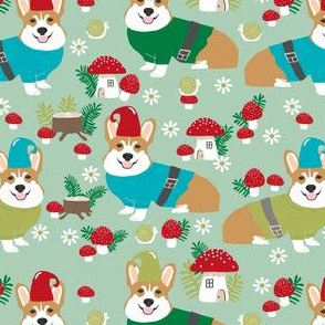 corgi gnomes mist green - cute woodland gnome mushrooms fabric