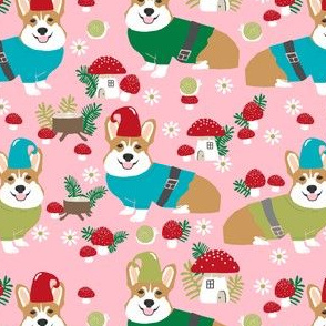 corgi gnomes pink- cute woodland gnome mushrooms fabric