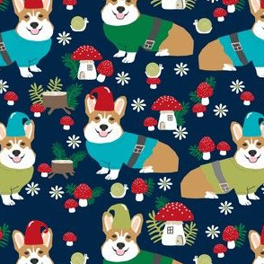 corgi gnomes dark navy blue- cute woodland gnome mushrooms fabric